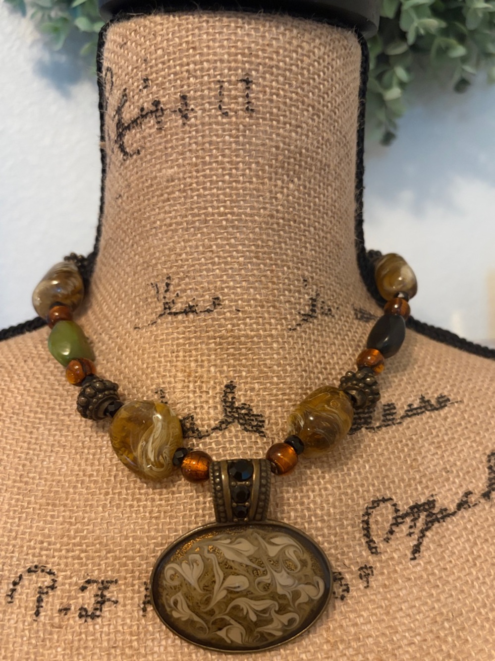 Chico's Olive, Amber and Brown Swirl Glass Pendant Necklace
